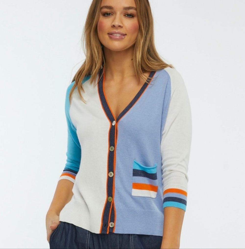Light Blue & Cream Colorblock V-Neck Cardigan with Stripe Details